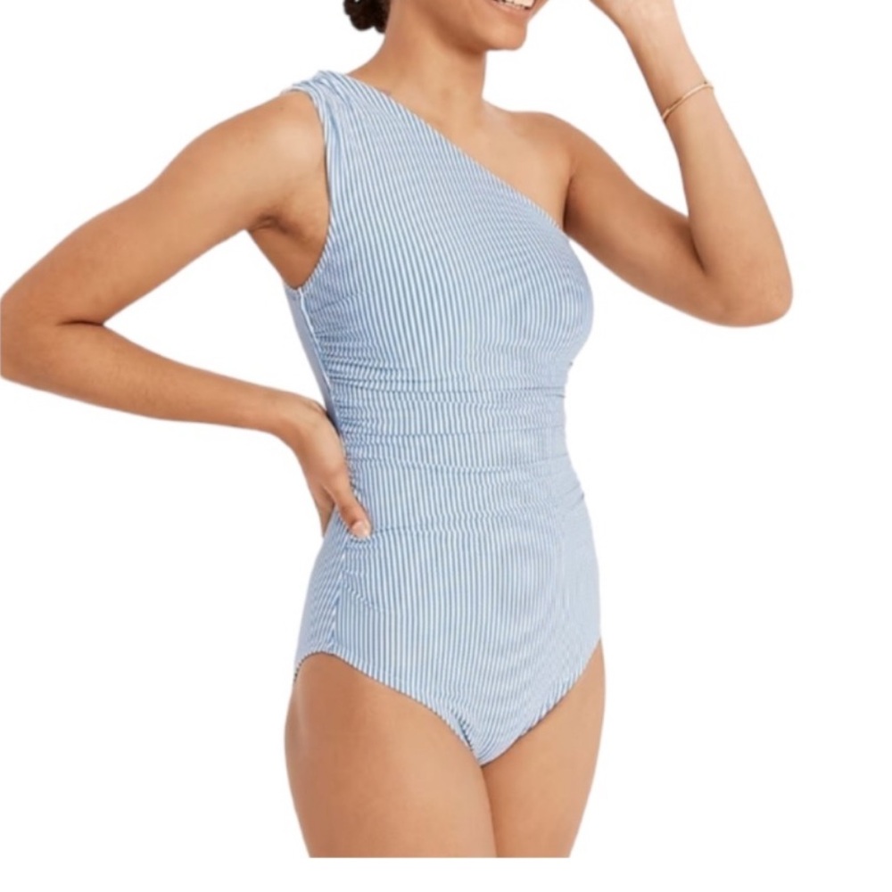 J. Crew Ruched One-Shoulder One-Piece Swimsuit in Seersucker Size 18 Blue White